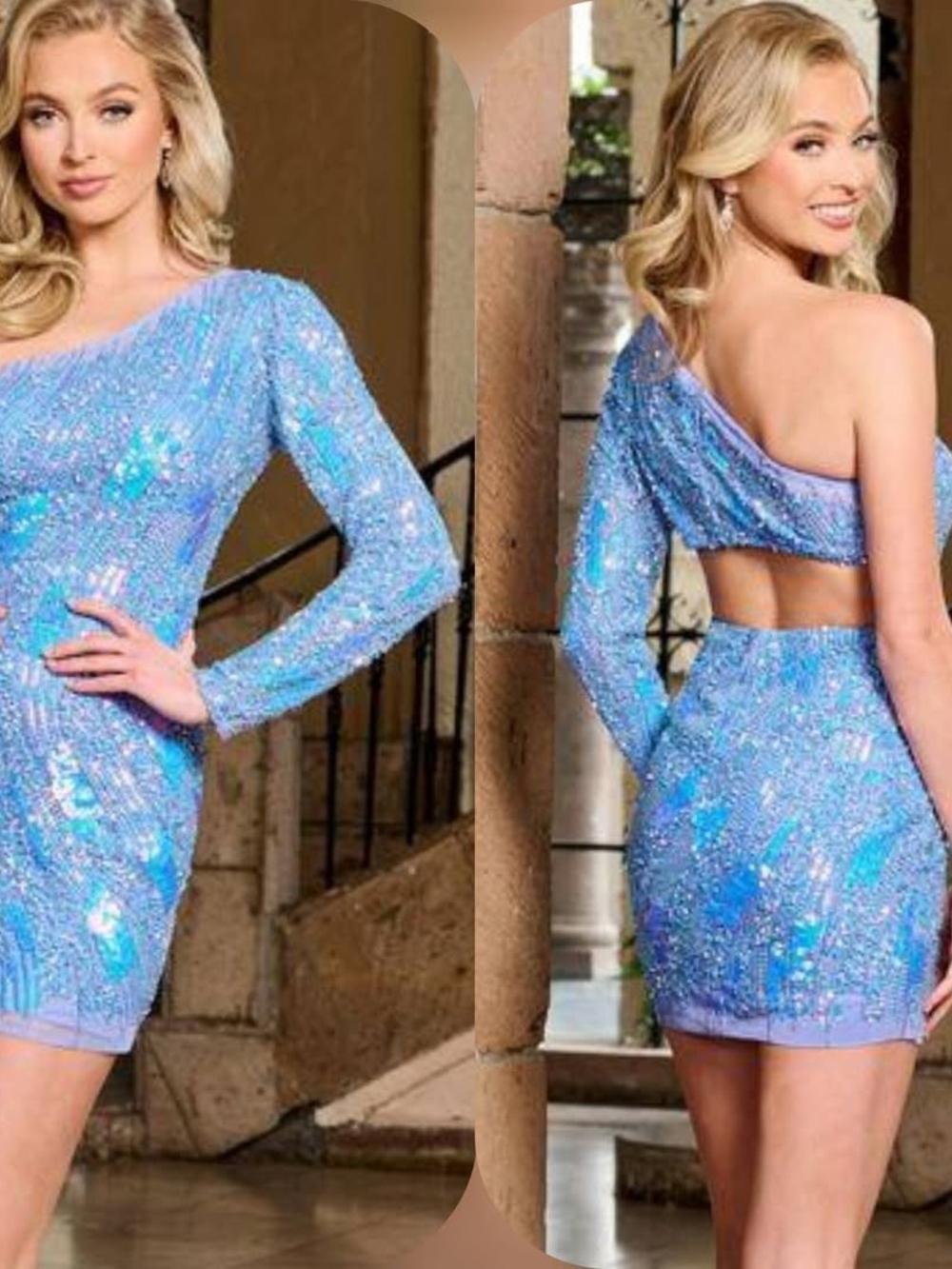 Rachel Allan Iridescent Light Blue One-Shoulder Sequin Mini Dress